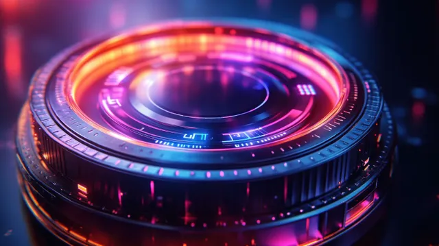 Futuristic finance dashboard wheel with glowing rings and control indicators in dark tech setting