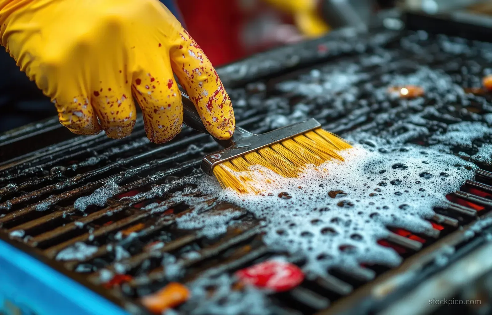 A yellow-gloved hand scrubs a dirty barbecue grill grate with a brush as white foam bubbles across the metal.