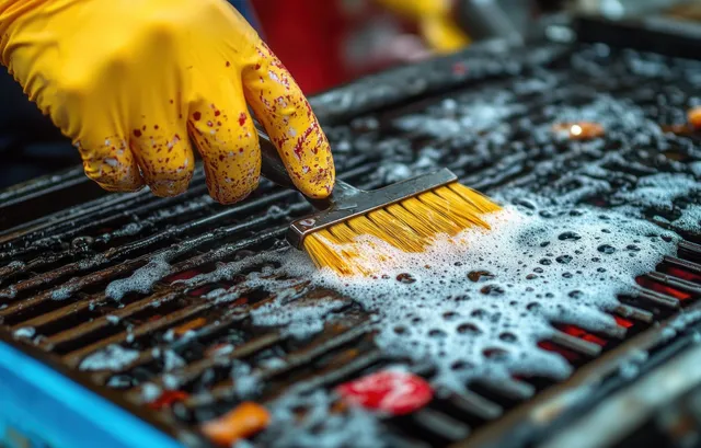 A yellow-gloved hand scrubs a dirty barbecue grill grate with a brush as white foam bubbles across the metal.