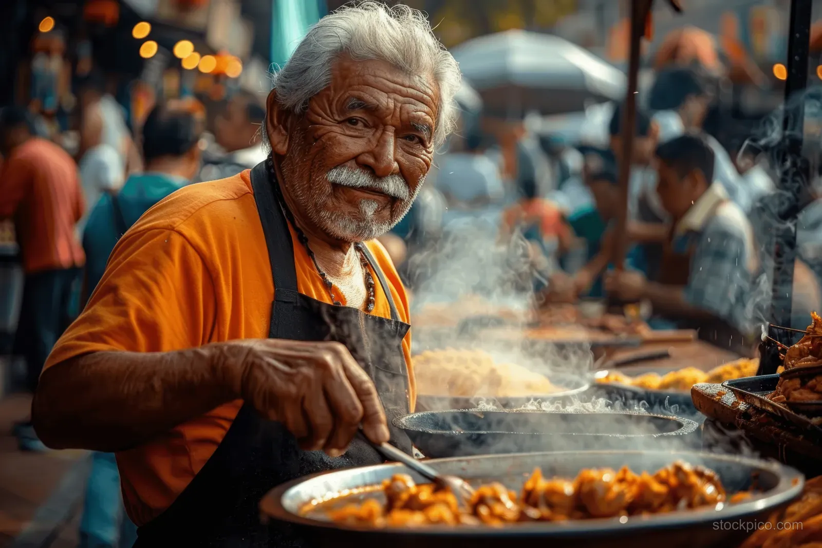 Mexican street vendor cooks tacos al pastor on a sizzling pan with steam rising while pedestrians crowd the street behind.