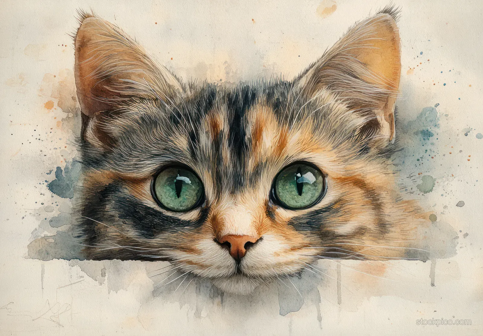 Watercolor tabby cat portrait with green eyes and ink splashes on a light background.