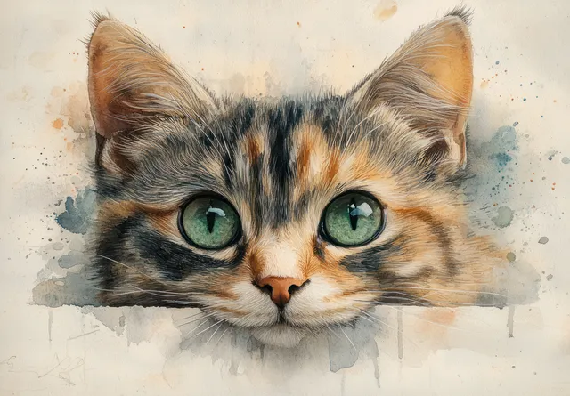 Tabby cat portrait with vivid green eyes in watercolor and Japanese ink wash with Art For Home Decor