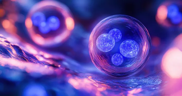 Glowing spherical cells float in vibrant pink and purple with detailed inner structures with Depth Of Field