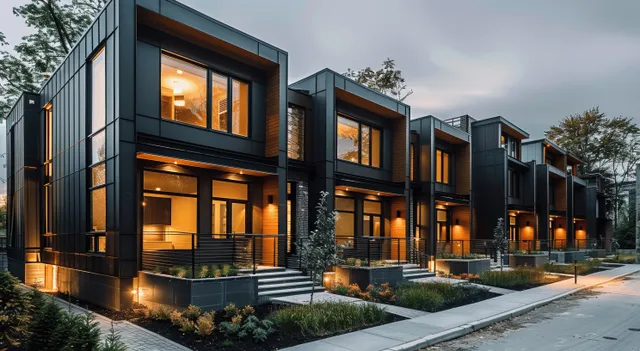 Black modular townhouses glow with warm window light and wooden balcony accents along a dusk street.