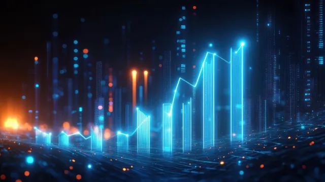 Glowing bar and line charts rise above a futuristic cityscape with scattered floating data points and light trails.