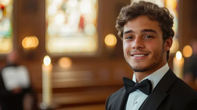 A smiling young man in a black tuxedo and bow tie stands inside a warmly lit church with candles blurred in the background.