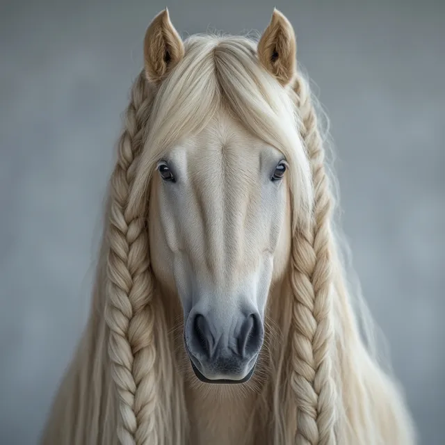 Hyper-realistic portrait of a light-colored horse with braided mane and soft dramatic lighting