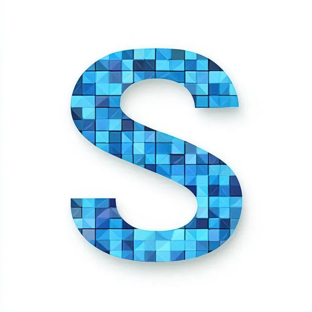 Letra S de mosaico azul tridimensional formada por piezas geométricas en forma de pirámide, con una sombra sutil sobre un fondo blanco.