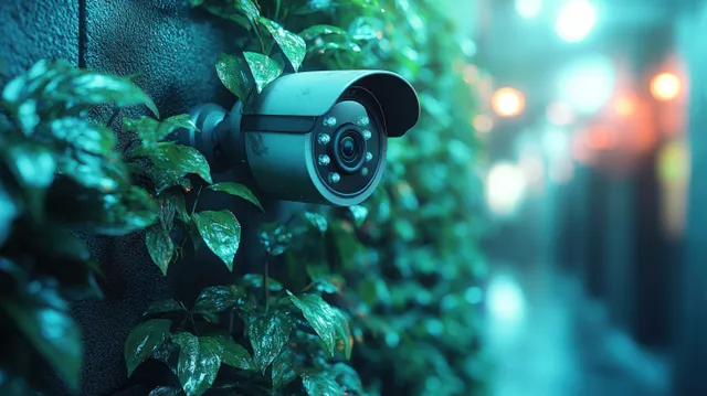 Outdoor security camera mounted beside leaves with cool night lighting and blurred street lights behind it.
