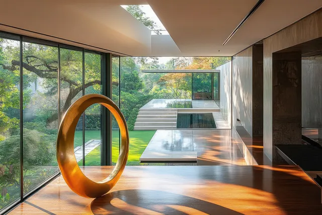 Sunlit open living room with glass walls, golden ring sculpture, and garden shadow patterns