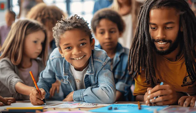 Teacher-guided group at an art table where children and an adult draw with crayons during class.