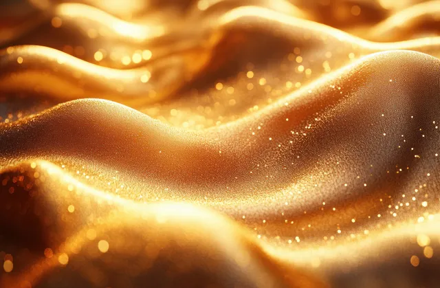 Golden abstract wave texture with flowing lines and small sparkling highlights under warm lighting.