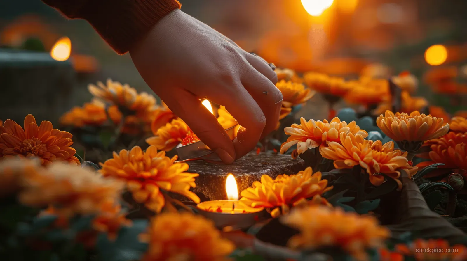 A hand lights a candle on a gravestone surrounded by orange chrysanthemums in warm sunset light.