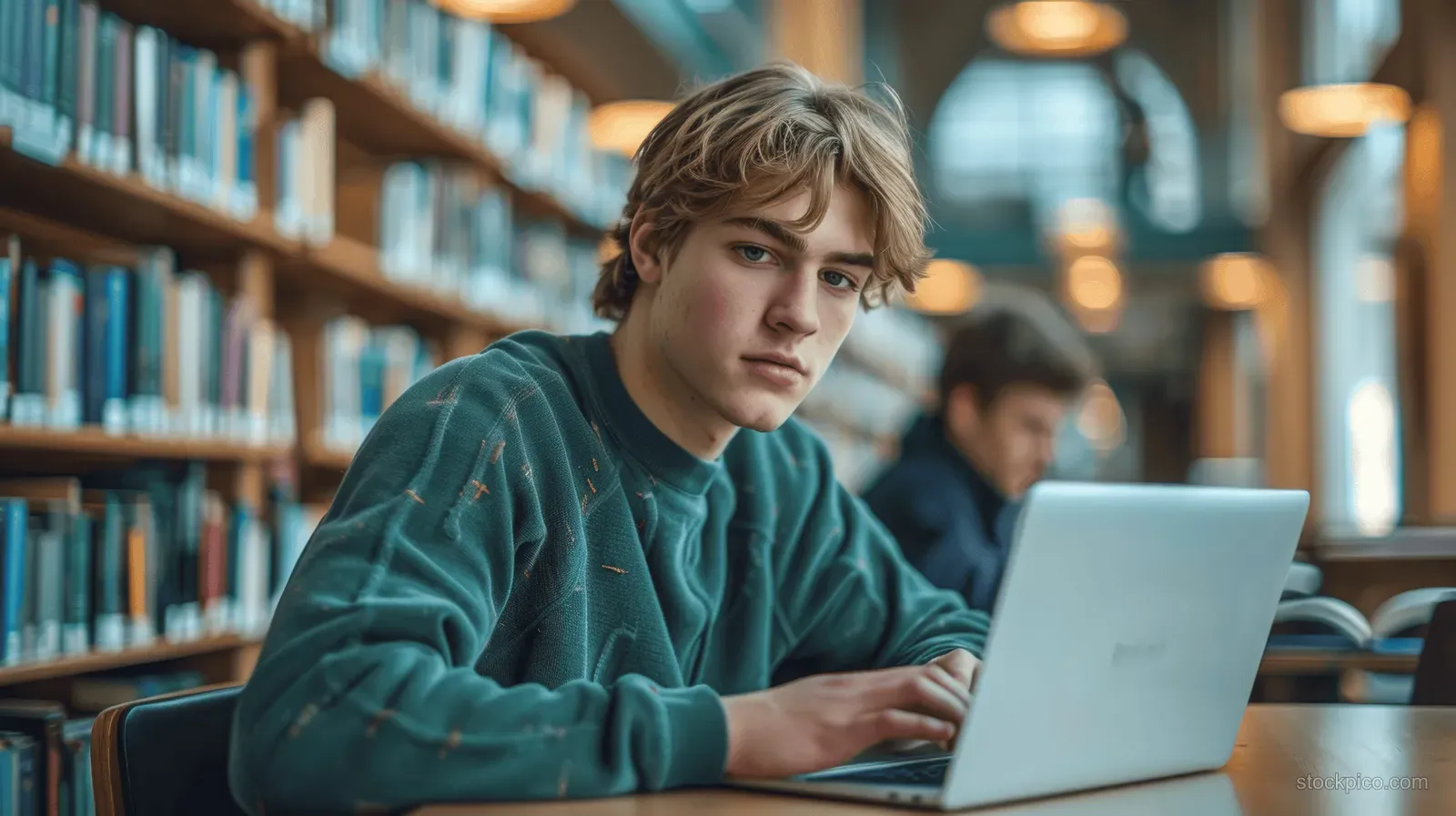 A young man in a green sweater studies on a laptop at a library table beside bookshelves.