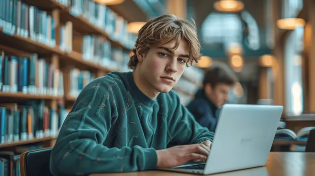 Young man studying on laptop at library table with bookshelves and warm window light