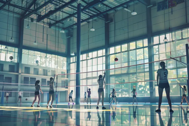 Women practice volleyball drills inside a bright gym with tall windows and a net.