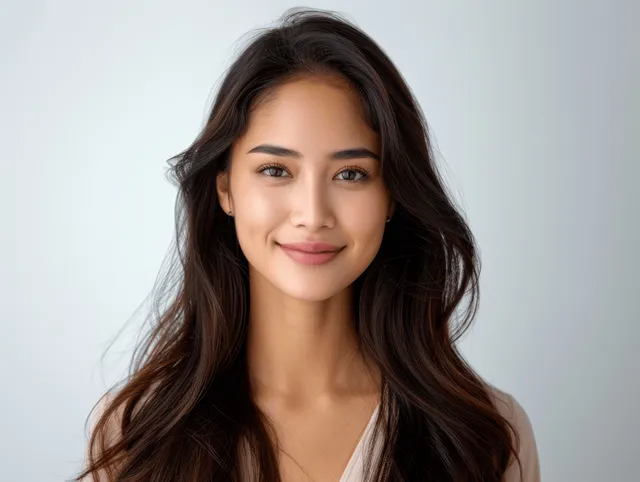 Smiling Indian woman portrait looking at the camera with long hair against a white studio background.