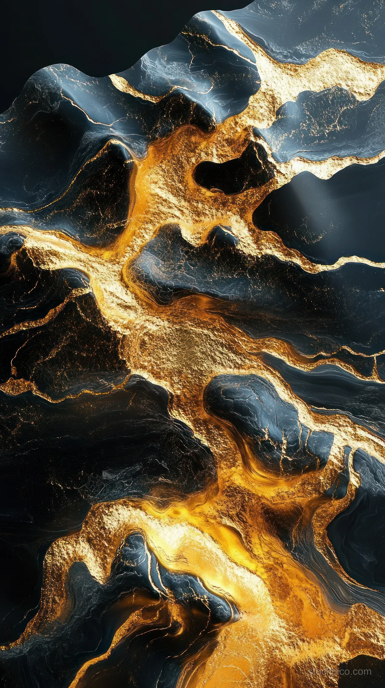 Abstract dark stone texture with glowing golden veins and glossy highlights flowing through fissures.
