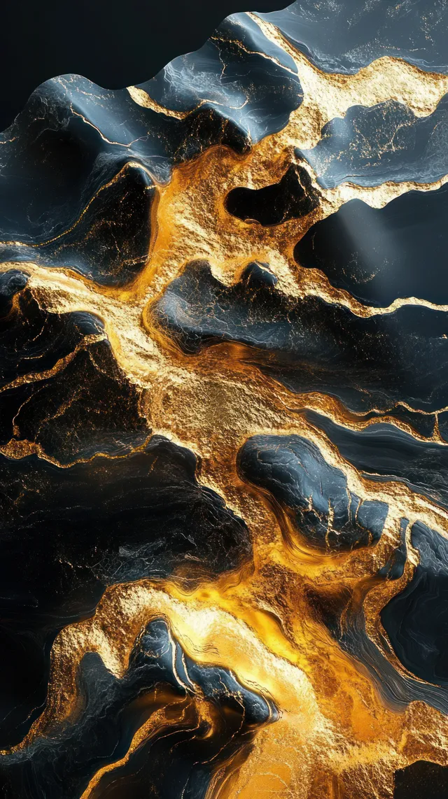 Abstract dark stone texture with glowing golden veins and glossy highlights flowing through fissures.