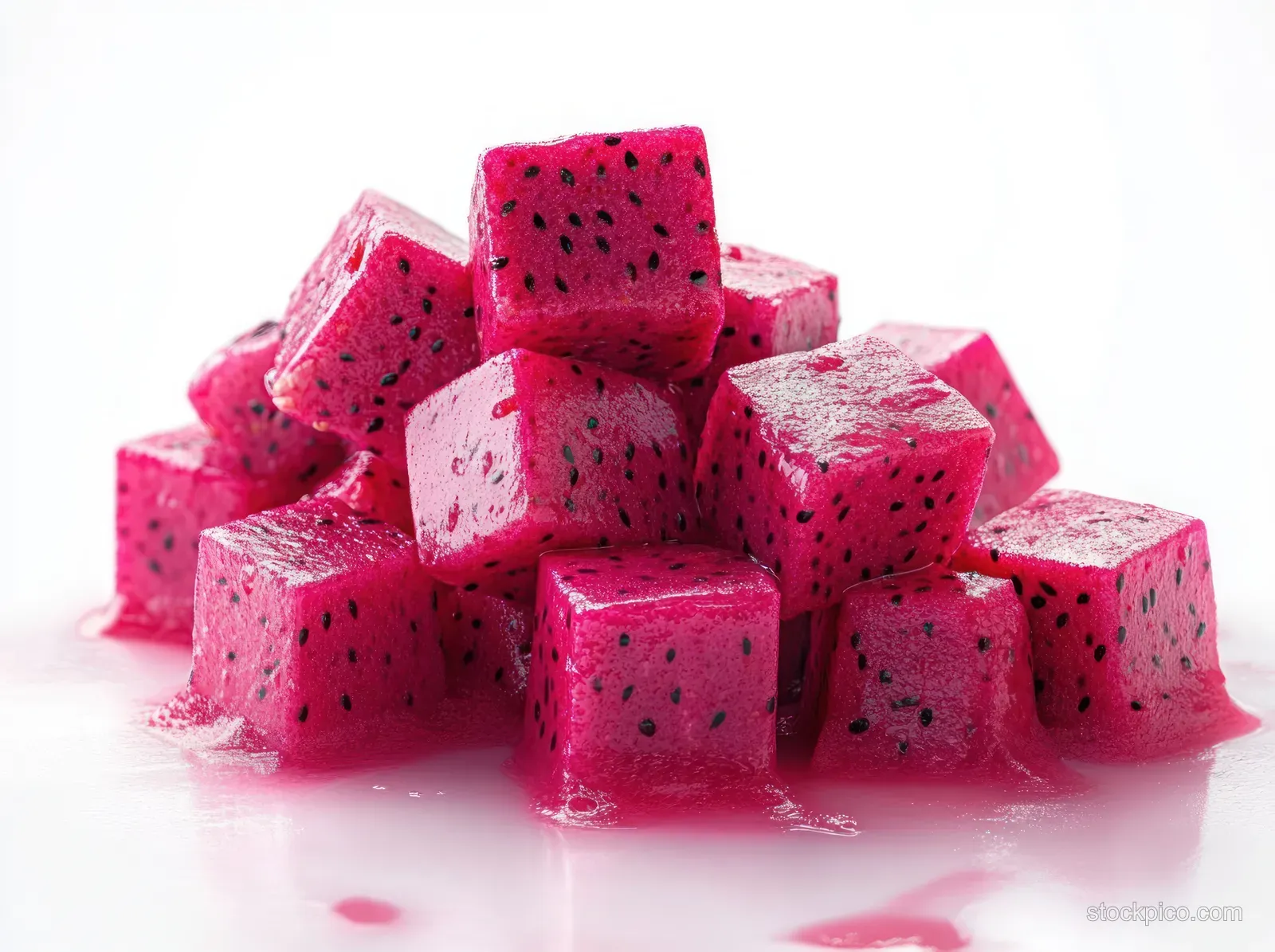 Stacked pink dragon fruit cubes with black seeds on a white surface with slight juice pooling around.