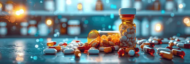 Close-up of orange pills spilled from glass vial on laboratory bench with copy space