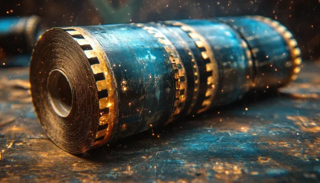 Vintage film reel on dusty tabletop with warm light leak and scratched analog texture