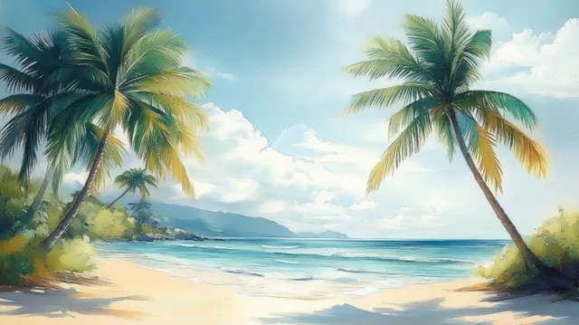 Watercolor tropical beach with palm trees framing calm ocean waves and sandy shore under a cloudy sky.