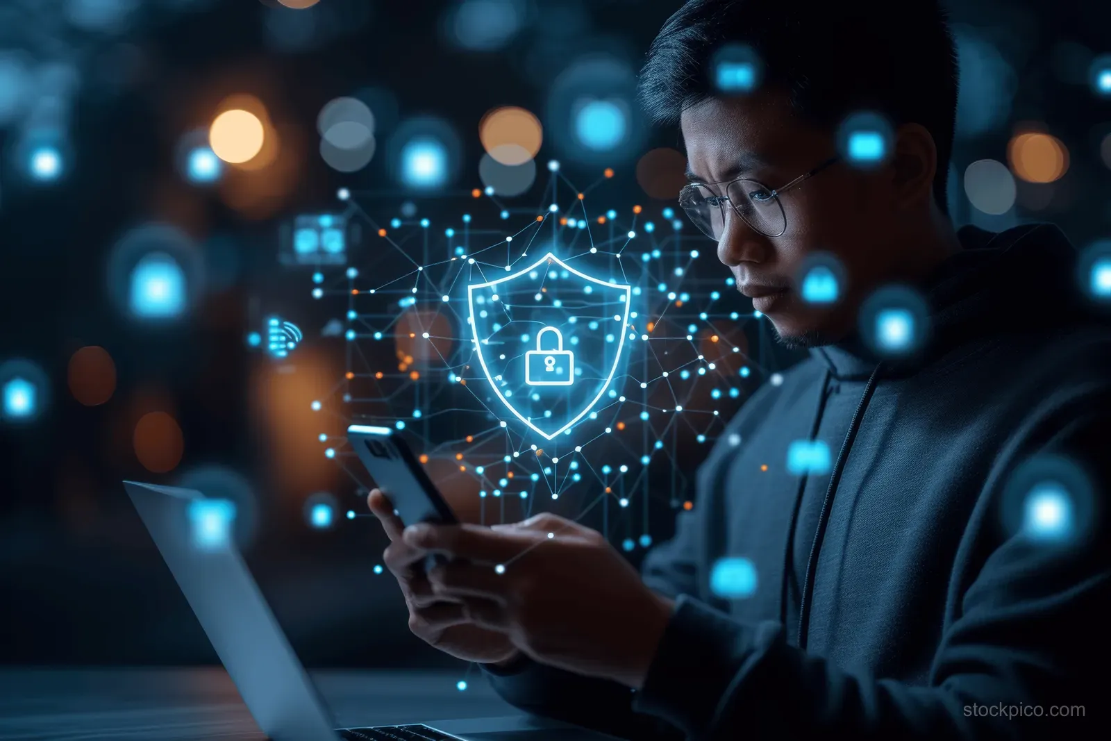 A man uses a smartphone beside a laptop with a glowing cybersecurity shield overlay.