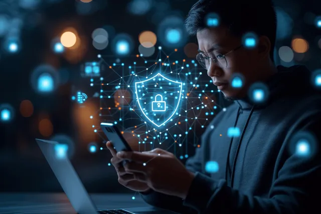 Man Using Smartphone with Cybersecurity Shield in Dim Networked Office