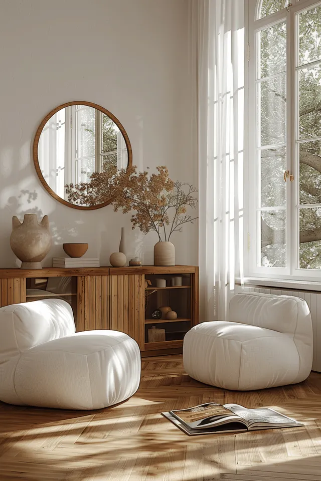 Sunlit minimalist living room with white curved armchairs and wooden sideboard near tall window with Home Decor Objects
