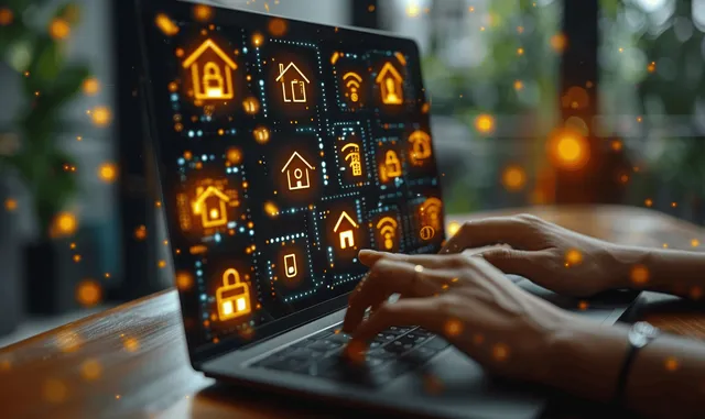 Hand adjusting smart home energy dashboard with solar and eco icons on laptop