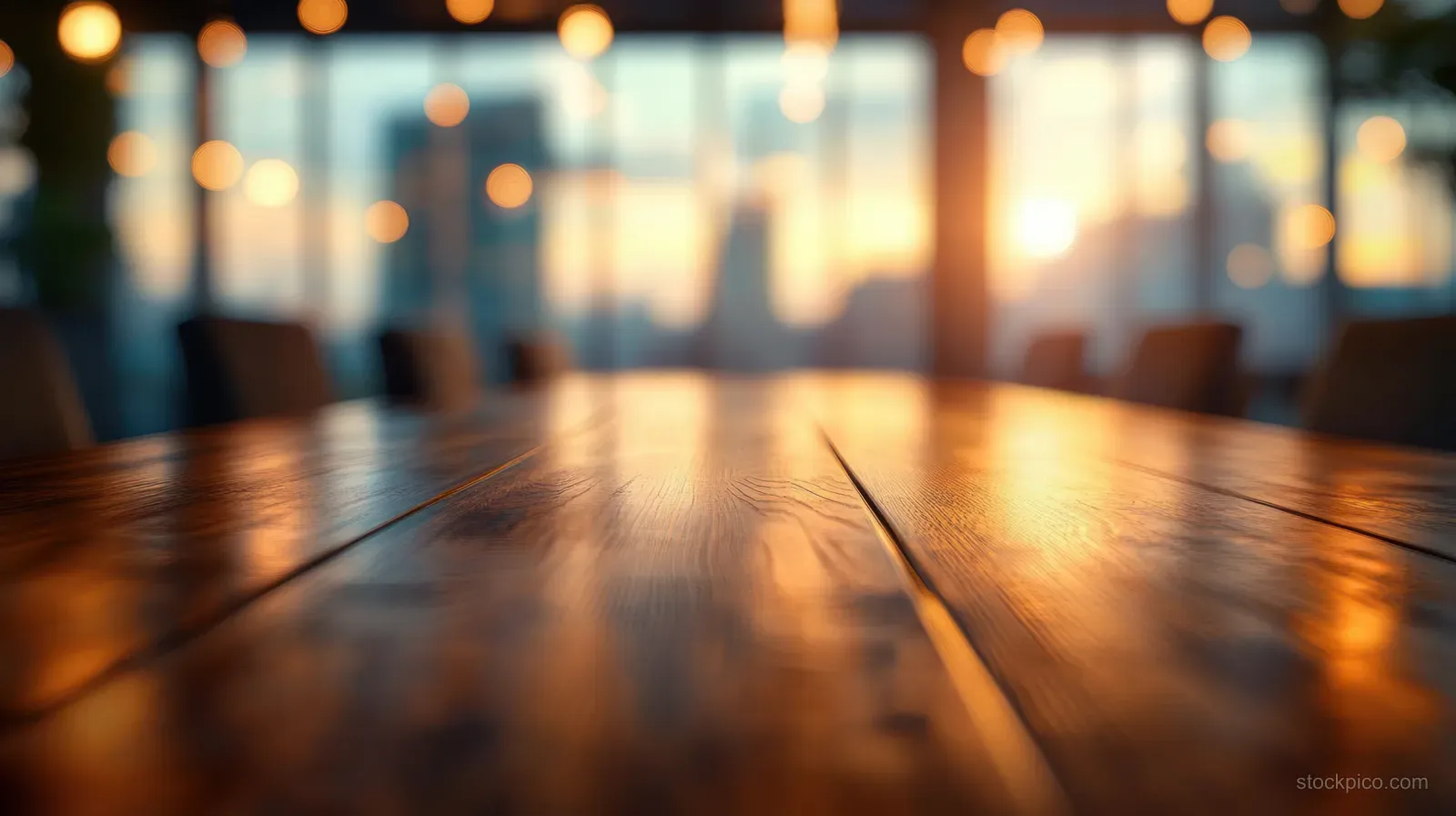 Empty wooden boardroom table in a corporate meeting room, glowing warm lights with blurred background bokeh.