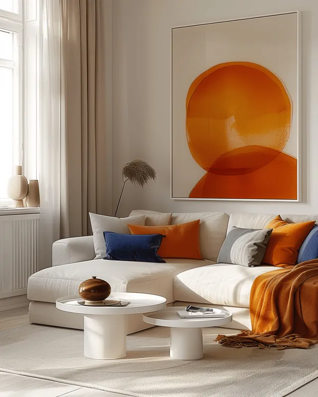 Beige sofa and orange pillows in a bright minimalist living room beside a white coffee table and abstract wall art.
