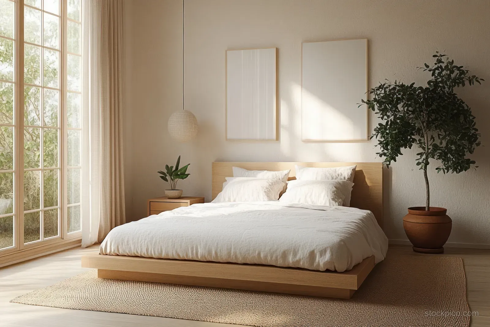 Minimalist bedroom showing a wooden platform bed with white linens, potted plants, and soft sunlight from tall windows.