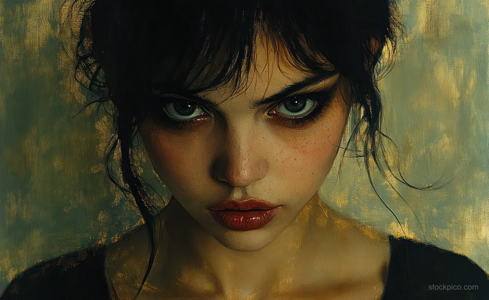 Close-up portrait of a model with dark lipstick, intense gaze, and red glossy paint-drip makeup on a dark background.