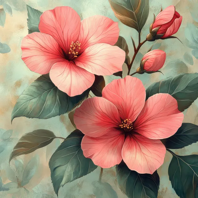 Watercolor coral-pink hibiscus flowers with green leaves on textured botanical background