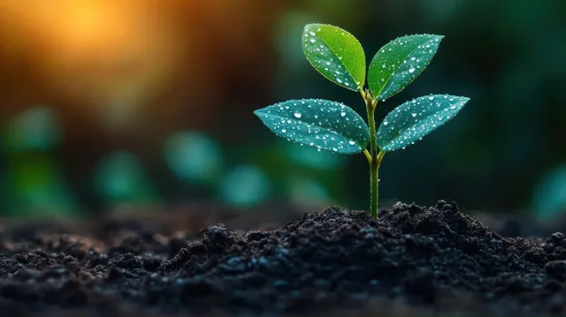Small green seedling with water droplets in rich dark soil