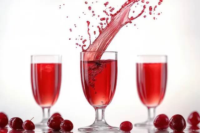 Red cherry juice splashes into a central glass, with three matching glasses and cherries on a white background.