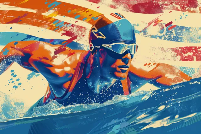Triathlete in a swim cap powers through turbulent waves with splashes and motion blur.