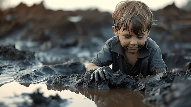 Young boy in oil-stained puddle near pumping equipment, grim environmental exposure