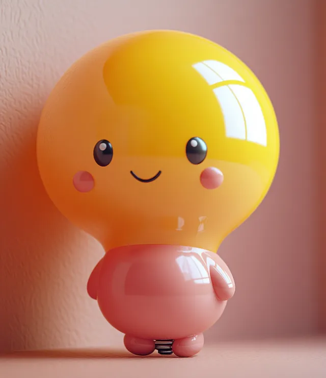 A glossy yellow 3D lightbulb character smiles and holds a red heart on a shelf indoors.