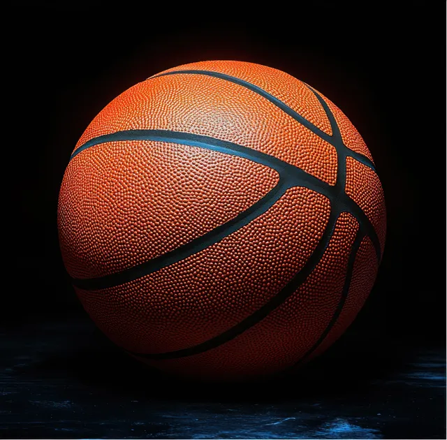 A textured basketball illuminated by a spotlight on a dark surface with dramatic shadows.