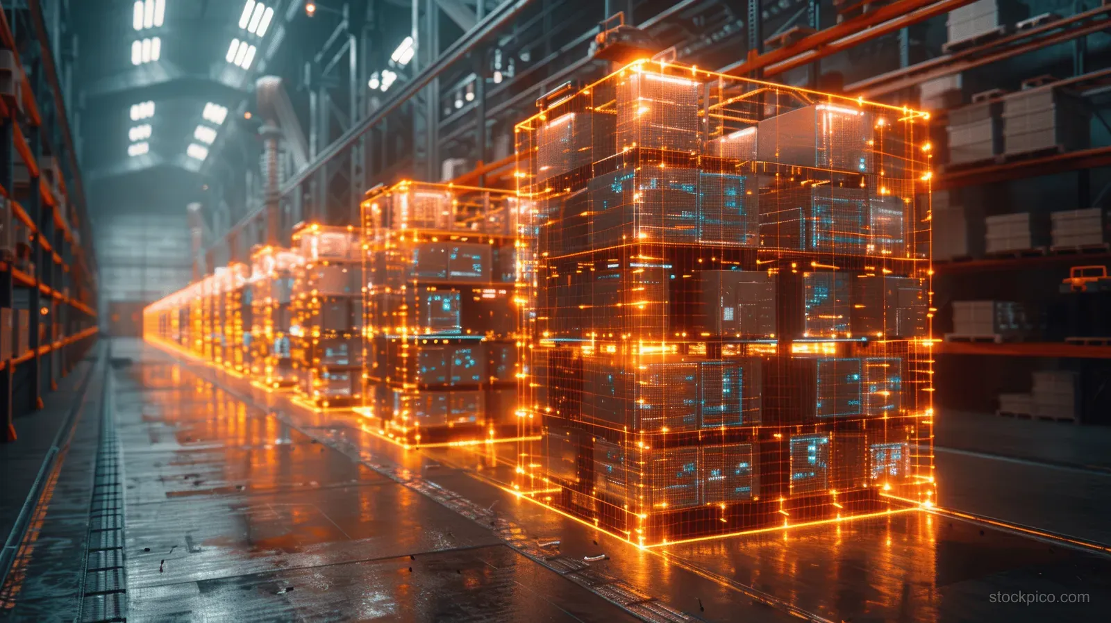 Glowing holographic data blocks hover over a warehouse conveyor lined with stacked crates.