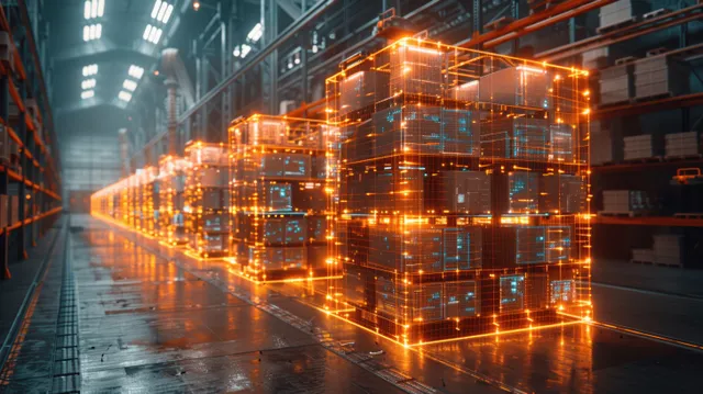 Glowing holographic data blocks hover over a warehouse conveyor lined with stacked crates.