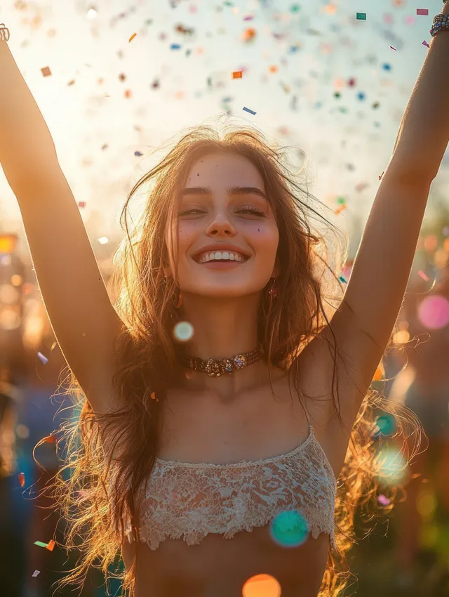 Smiling young woman throws her arms up while colorful confetti falls in golden outdoor sunlight.