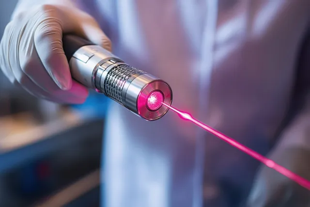 A gloved hand holds a metallic laser device emitting a focused red beam in a laboratory.
