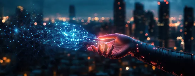 A glowing futuristic hand interacts with an illuminated blue data network over a cyberpunk city skyline at night.