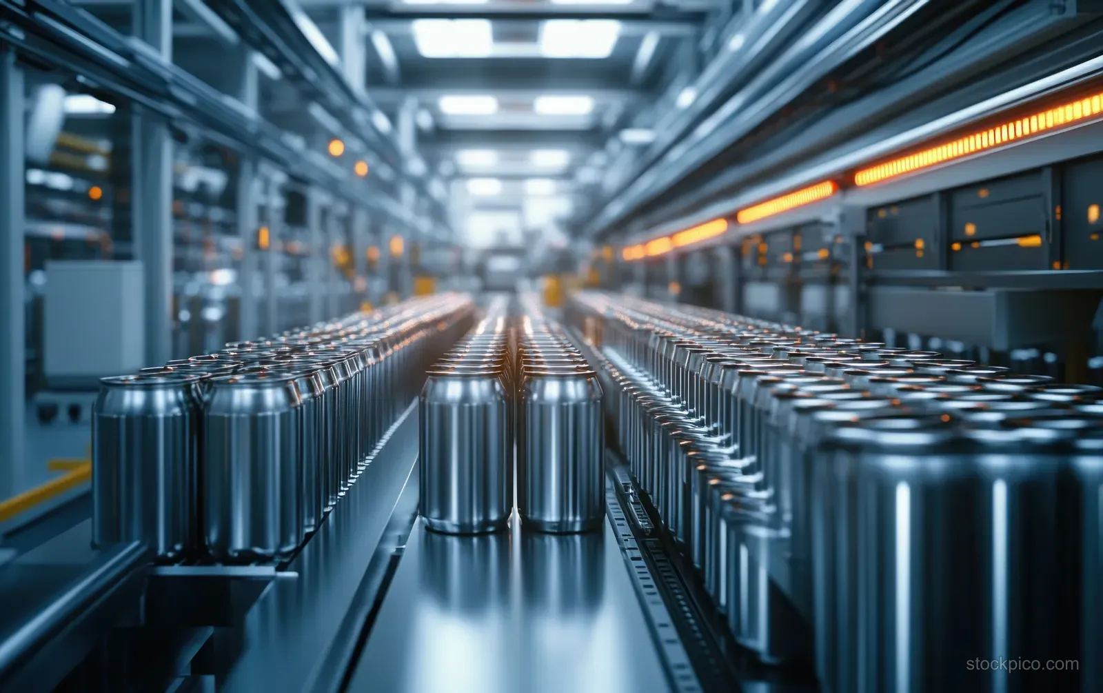 Rows of metallic battery cells move along conveyor rails in a lit factory production aisle.