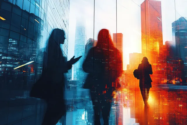 Three silhouetted pedestrians walk past reflective glass buildings with blue and orange dusk light.