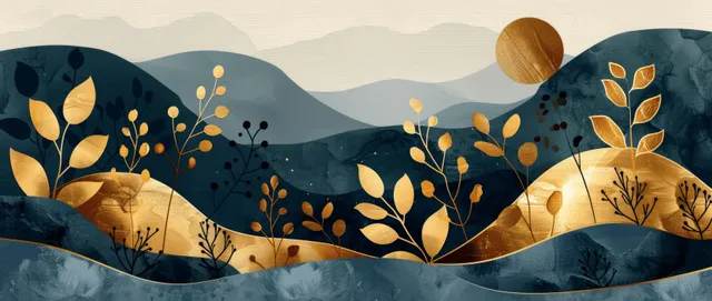 Gold botanical waves on navy textured paper with watercolor mountains and moon